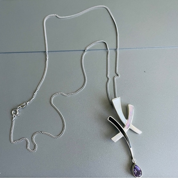 Vintage Abstract Pendant Necklace W/ Amethyst Onyx Abalone Pearl Sterlin… - Picture 6 of 6